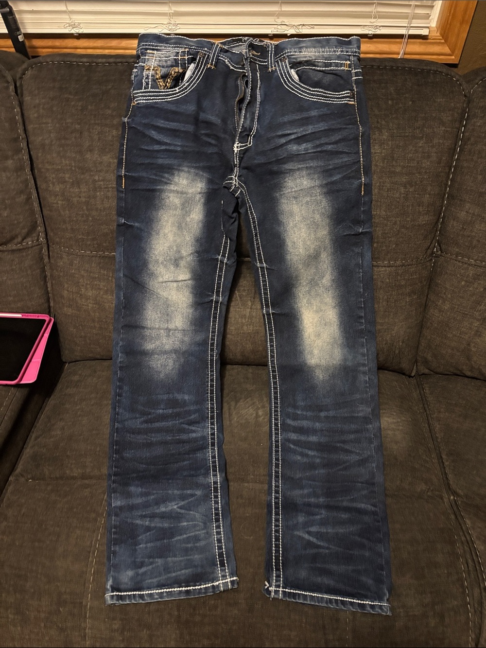 Men's Straight Jeans in Washed Dark Blue with Contrast Stitching